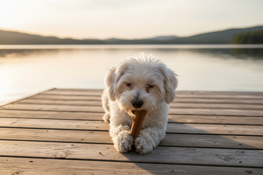 Small white dog chewing a natural treat on a wooden lake dock