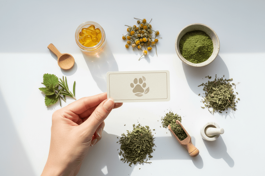 Reading a pet supplement label with natural ingredients on white surface – Canadian buyer's guide
