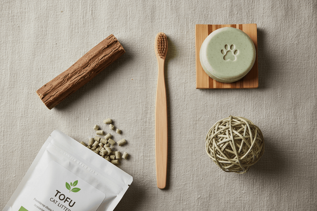 Eco-friendly pet products flat lay including bamboo toothbrush, coffee wood chew, tofu cat litter, woven catnip toy and natural shampoo bar on linen