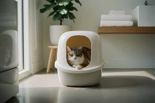 Chubby tabby cat sitting contentedly in a clean modern litter box in a bright minimal bathroom