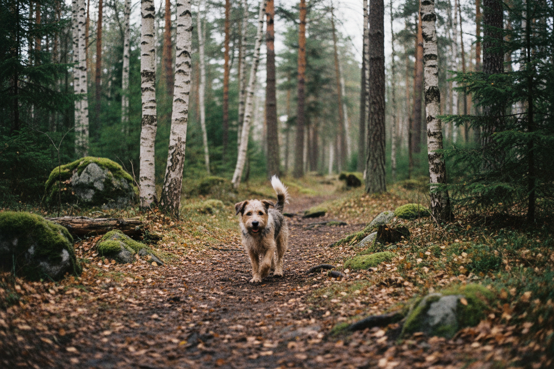 A scruffy terrier mix trotting ahead on a muddy forest path through a dense Canadian woodland