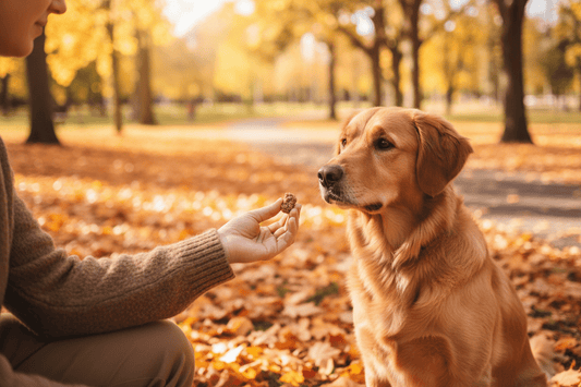Dog receiving training treat from owner in Canadian park – positive reinforcement
