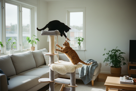 Two cats on different levels of a tall multi-level cat tree in a bright Scandinavian living room