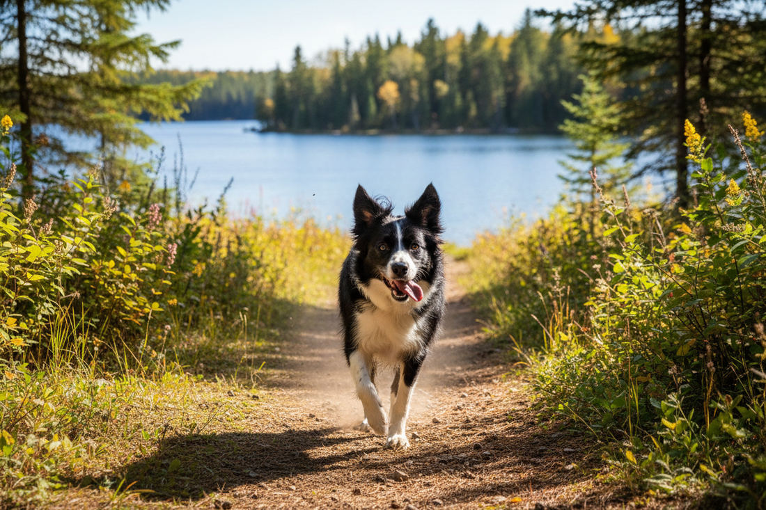 Healthy senior Border Collie running energetically on a sunny lakeside trail