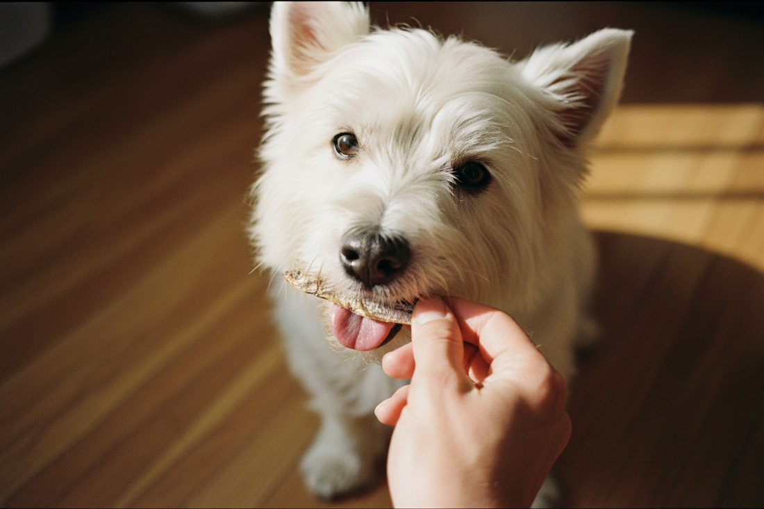 West Highland White Terrier eating a dried sardine from their owner's hand