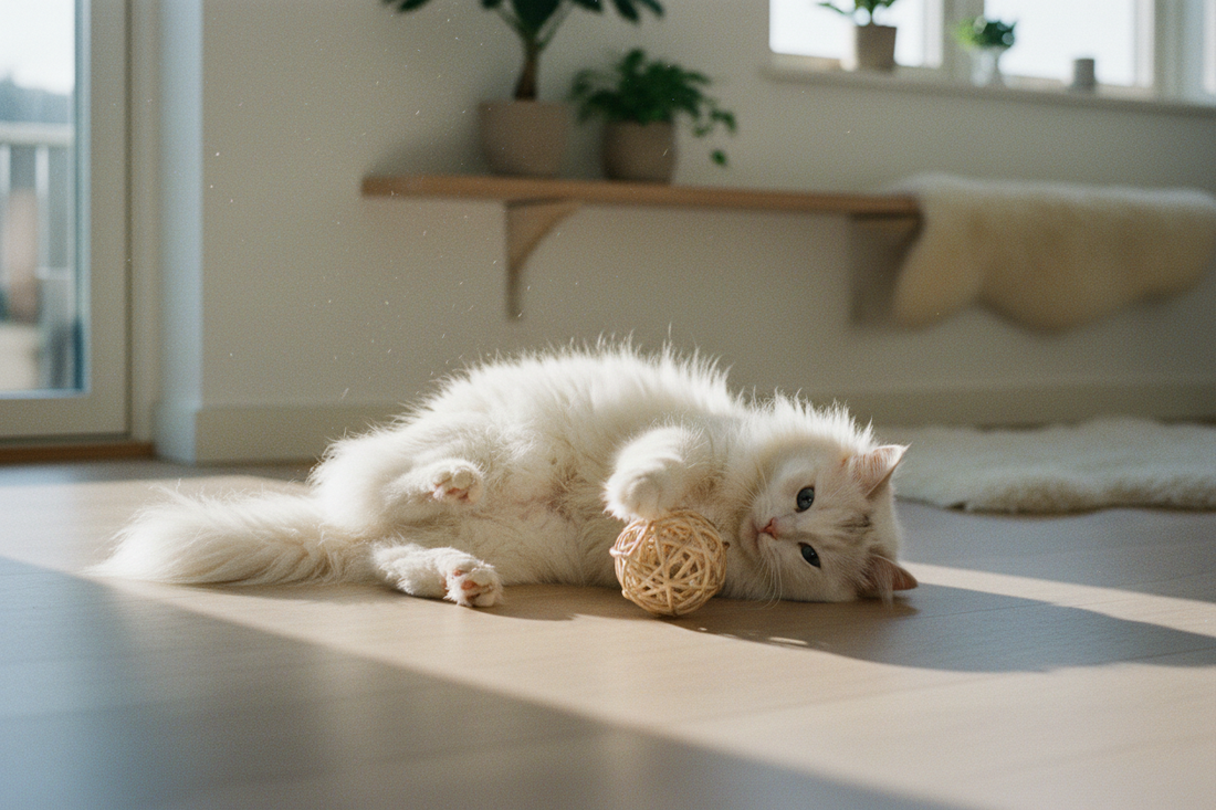 Fluffy white cat playfully rolling on its back and batting at a woven toy on a wooden floor