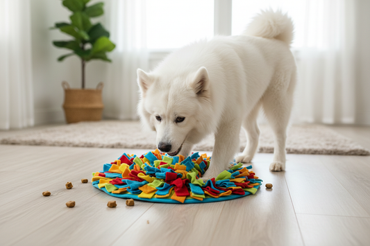 Medium white dog sniffing and foraging through a colourful snuffle mat