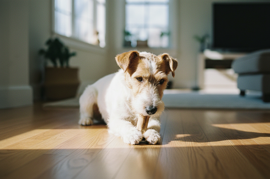Wire Fox Terrier chewing a natural coffee wood chew on a wooden floor