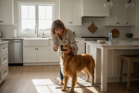 Woman gently brushing her dog's teeth in a bright modern kitchen