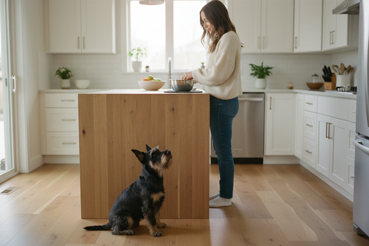 Woman preparing her dog's meal in a kitchen with KRWN supplements on the counter and a Scottish Terrier waiting below