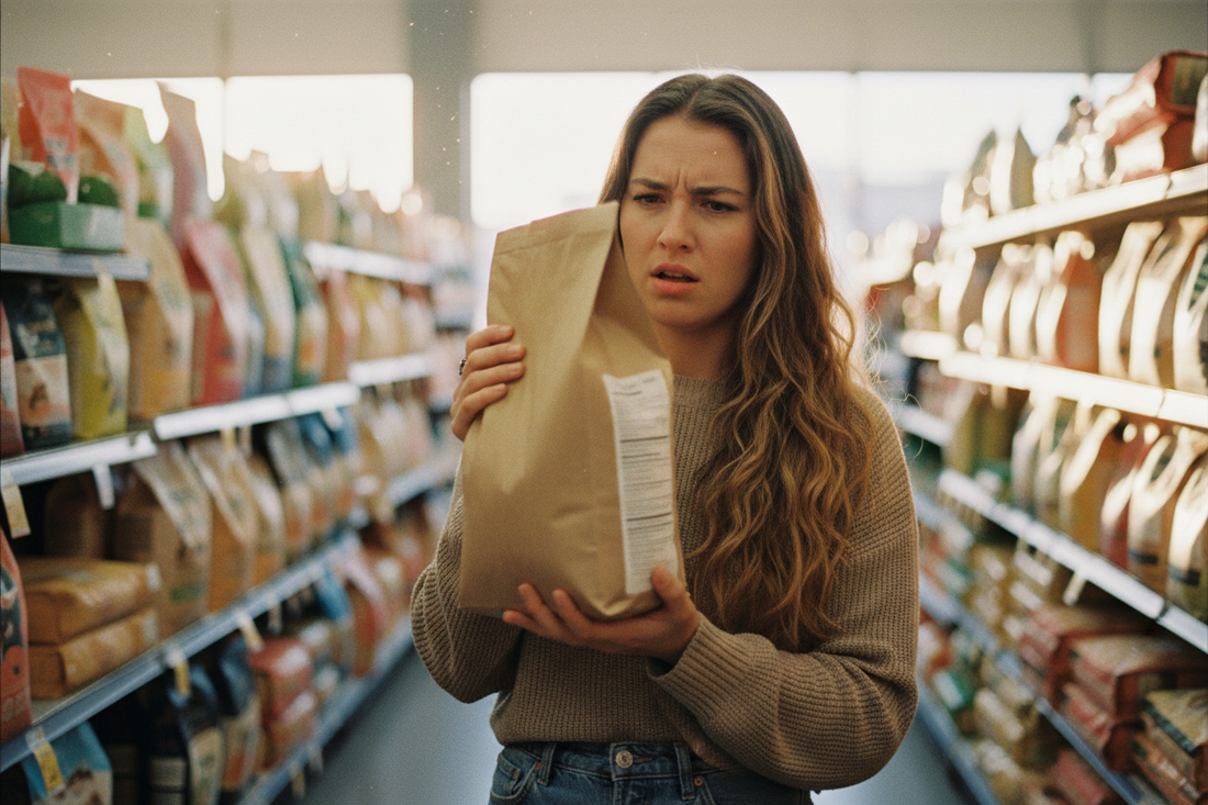 Woman in a pet store aisle carefully reading the ingredient label on a generic bag of pet food