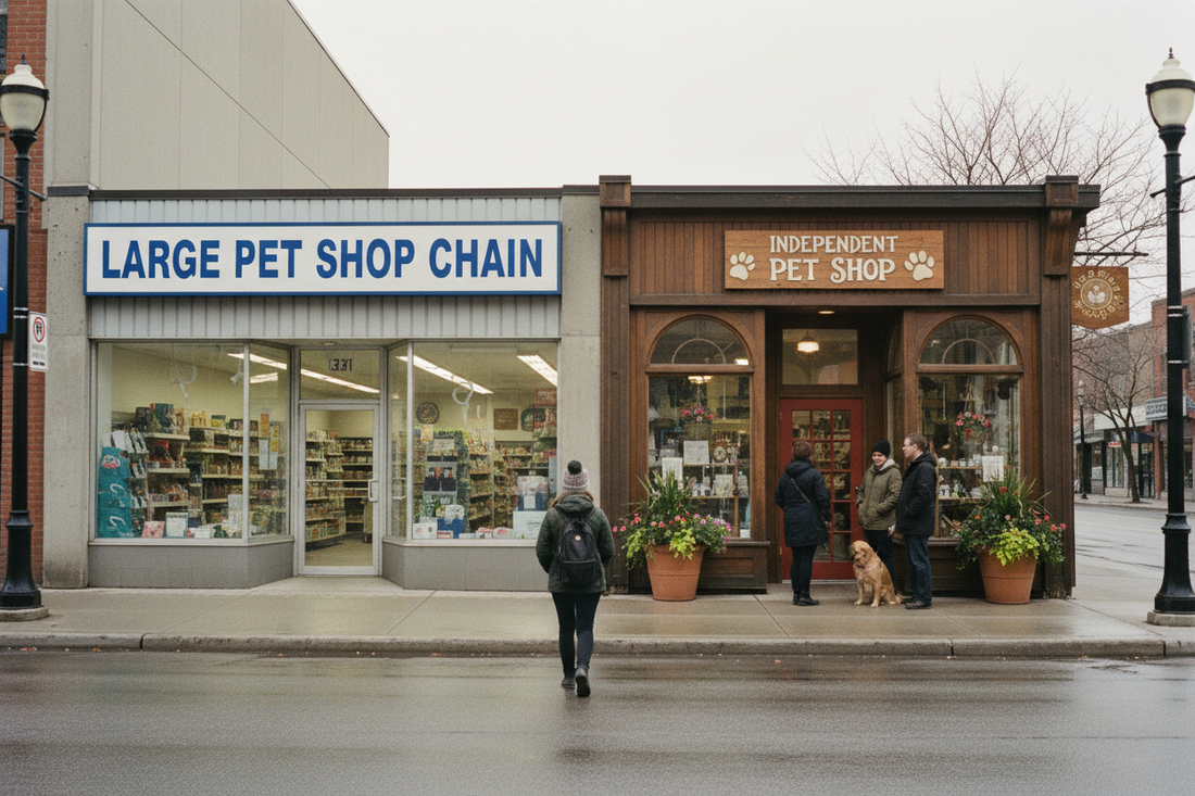 A woman walking toward a warm independent pet shop on a Canadian street, passing a large chain pet store next to it