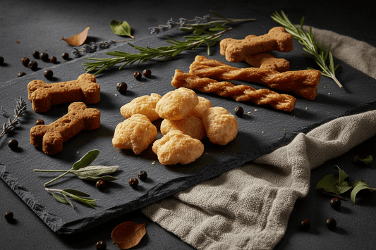 Natural yak cheese puffs dog treats on slate board – Šapice Pet Wellness Canada