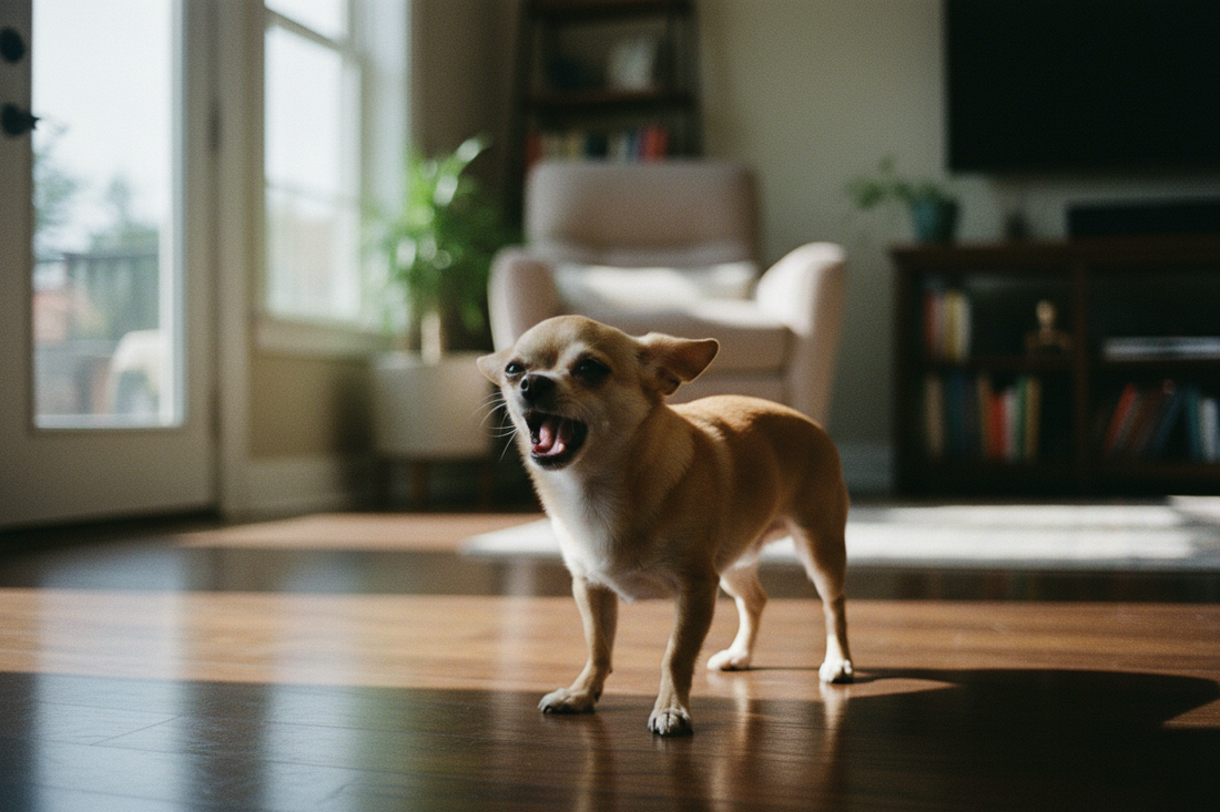 A young Chihuahua caught mid-bark on a hardwood floor, mouth wide open and ears back, looking alert and vocal