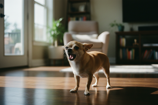 A young Chihuahua caught mid-bark on a hardwood floor, mouth wide open and ears back, looking alert and vocal