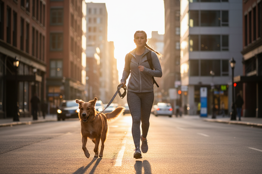 Young woman running through a city street with her medium-sized dog on a leash