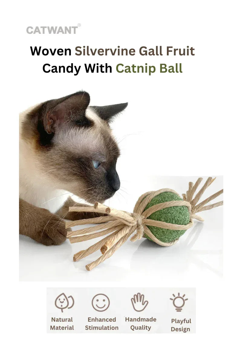 Woven Silvervine (Matatabi) Gall Fruit Candy With Catnip Ball