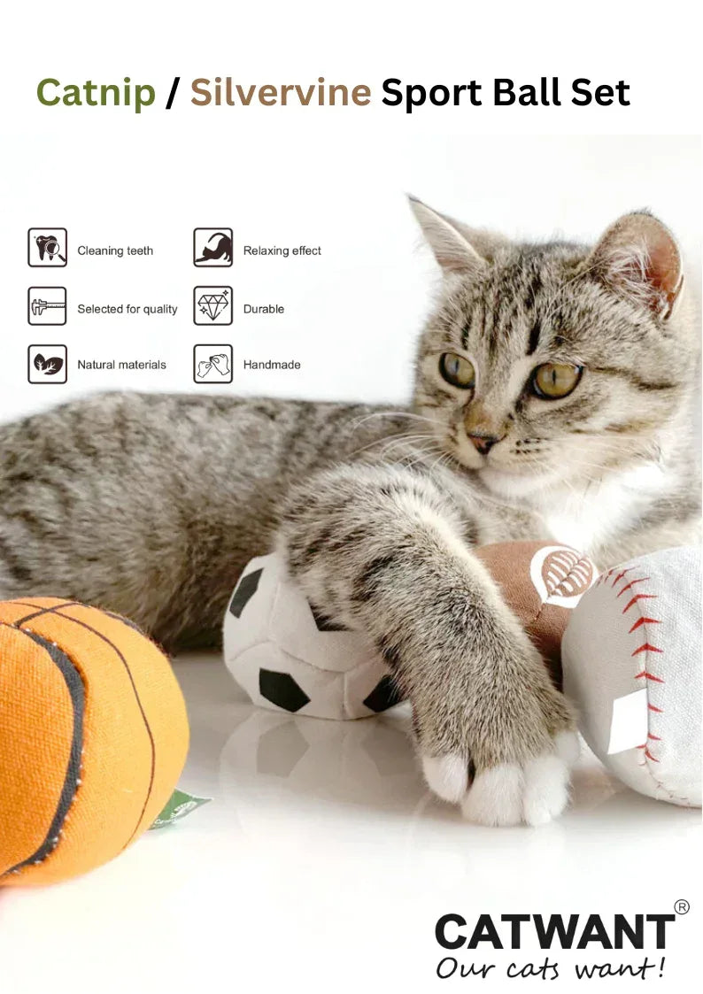 100% Silvervine (Matatabi)/Catnip Filled Sport Ball Set - 4-Pack